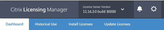 Machine generated alternative text:
Citrix Licensing Manager 
License Server Version 
11.16.3.0 build 30000 
Dashboard 
Historical Use 
Install Licenses 
Update Licenses 