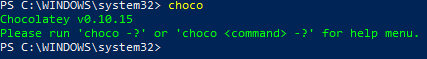 Machine generated alternative text:
ps choco 
Chocolatey Va. Ia. 15 
Please run choco - 
or choco 
for help menu. 