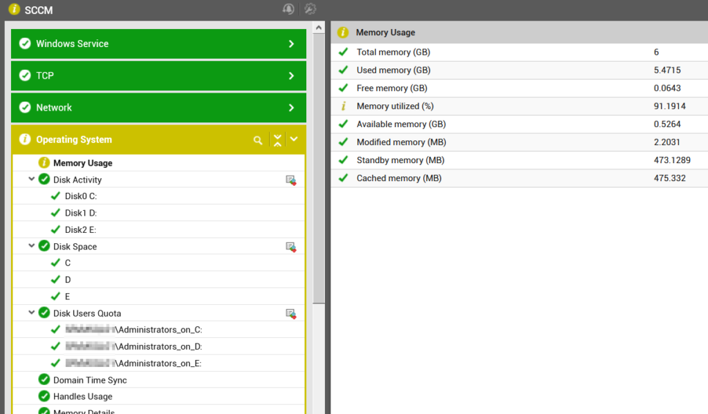 Machine generated alternative text:
SCCM
Windows Service
e TCP
Network
O Operating System
O
Memory Usage
v Disk Activity
DiskO C:
Diskl D:
Disk2 E:
v e Disk Space
D
e Disk Users Quota
AAdministrators_on_C:
AAdministrators_on_D:
AAdministrators_on_E:
e Domain Time Sync
Handles Usage
Memory Usage
Total memory (GB)
Used memory (GB)
Free memory (GB)
Memory utilized (%)
Available memory (GB)
Modified memory (MB)
Standby memory (MB)
Cached memory (MB)
6
5.4715
0.0643
91.1914
0.5264
2.2031
473.1 289
475332