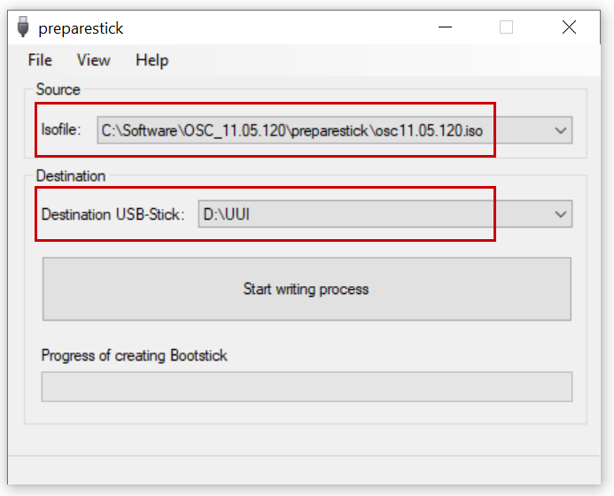 Machine generated alternative text:
preparestick 
File View Help 
Isofile: 
De<ination USB-Stick : 
Progress of creating Bootstick 
x 
Start 'Mting process 